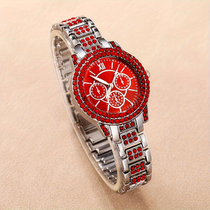 6 Pcs Sparkling Round Rhinestone Quartz Watches - Zinc Alloy Strap, Pointer, and Dial - Elegant Jewelry Gift Set for Women with Matching Necklace and Earrings