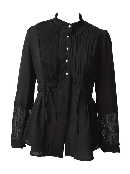 Elegant Lace Blouse - Long Sleeve, Mock Neck, Pleated Contrast Design, Women's Clothing for Chic Style