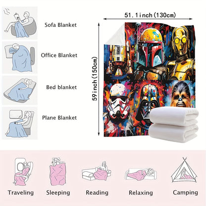 UME Contemporary Anime-Themed Flannel Throw Blanket - Star Wars Character Print | Soft Skin-Friendly Warm Fabric | Versatile for Couch, Bed, Travel, Camping | Knitted Digital Print | All-Season Cozy Pet-Friendly Throw | Mixed Color