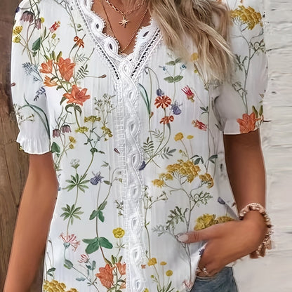ZllKl Floral Print Lace Trim Blouse, Vacation Striped V Neck Short Sleeve Blouse, Women's Clothing