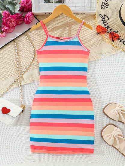 Colorful Stripe Dress - Bodycon Slim Fit Design, Adjustable Spaghetti Straps, Slip-on Style - Perfect for Little Girls and Tweens, Ideal Summer Gift for Birthday Parties, Outdoor Playdates, or Casual Occasions