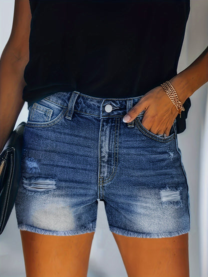 ZllKl  Blue Frayed Hem Denim Shorts, Ripped Holes Slash Pockets Short Denim Pants, Women's Denim Jeans & Clothing