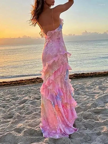 Casual Dresses Beach Style Backless Fashion Maxi Dress Women Summer  Sleeveless V-Neck Party Ruffles Patchwork Printed Ladies
