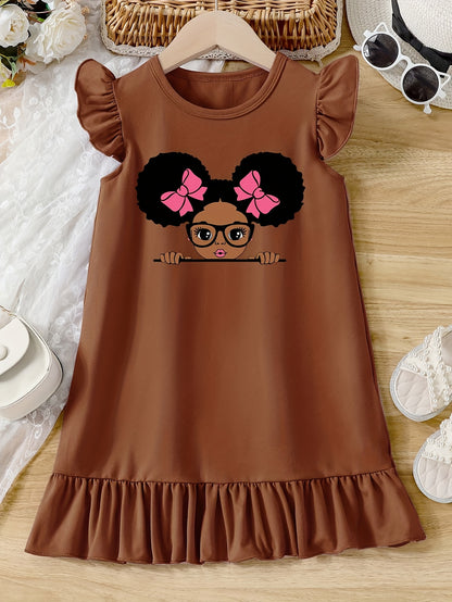 Girls Cartoon Graphic Knitted Ruffle Hem Flying Sleeve Dress - Soft, Slight Stretch, Regular Fit, Alphabets Pattern, Machine Washable, Perfect for Summer Casual Wear