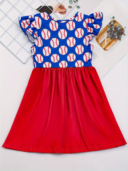 Summer-Fun Baseball Graphic Dress for Girls - High-Stretch, Fit & Flare, Durable & Comfortable