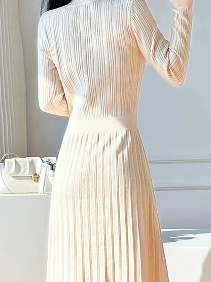 Basic Casual Dresses New Autumn Winter Elegant Knitted Lace Patchwork Pleated Dress Women Long Sleeve Office Lady Sweater Dress Vestidos