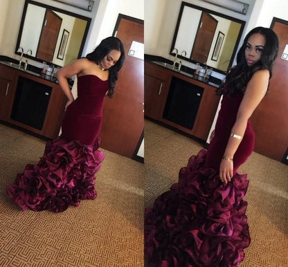 Burgundy Long Mermaid Prom Dresses Rose Floral Flowers Tiered Sweetheart Velvet Plus Size Formal Party Gowns Evening Dress Vestios