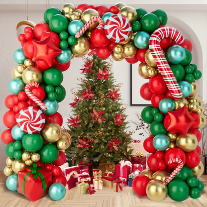 140pcs Golden Foil Latex & Aluminum Balloon Garland Arch Kit for Xmas Party Decorations with Candy Cane & Gift Box Balloons, Red, Green, Includes Balloon Tying Tools