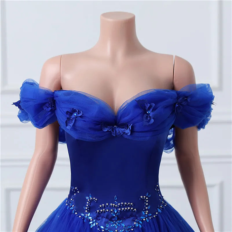 Princess Royal Blue Ball Gown Evening Prom Dresses Elegant Off Shoulders Beads Sequins Ruffles Tulle Long Party Gowns Corset Back Sweet 15 Quinceanera Dresses
