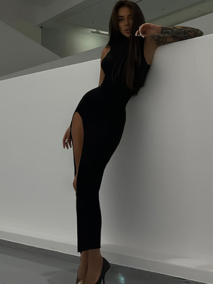 Elegant High-Neck Bodycon Dress: Chic Midi with Thigh Split, Perfect Spring & Summer Wear for Timeless Allure