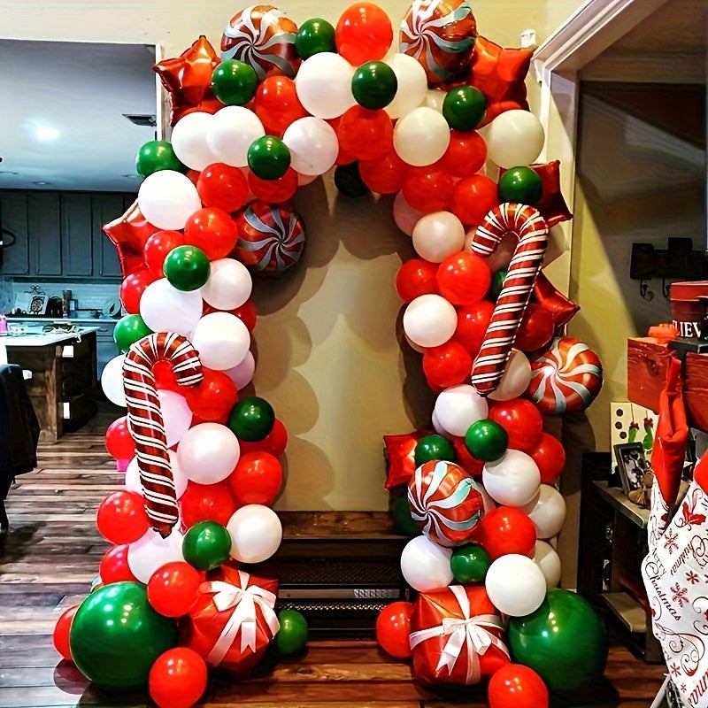 140pcs Golden Foil Latex & Aluminum Balloon Garland Arch Kit for Xmas Party Decorations with Candy Cane & Gift Box Balloons, Red, Green, Includes Balloon Tying Tools