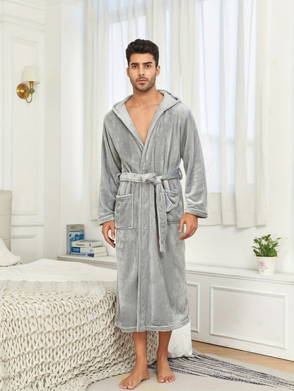 Mens Premium Flannel Bathrobe - Super Cozy Winter Wear, Hooded, Solid Color, Soft Fleece Lining, Double Pockets for Lounging Comfort