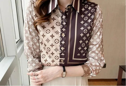 Designer Printed Black Shirts Women Runway Button Shirt Office Ladies Ribbon Bow Blouses Slim Fit Stylish Luxury Tops