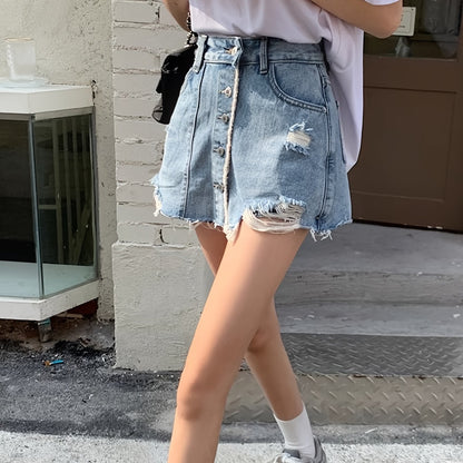 ZllKl  Women's Summer Street Style High-Waisted Denim Skirt Shorts With Single-breasted Raw Hem Button-Up Detail And Distressed Design For Casual Wear
