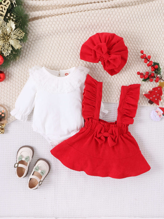 Baby Girls Cute Lace Trim Long Sleeve Romer + Red Plaid Suspender Skirt + Hat 3pcs Set Party Christmas Outfit, Coquette Style