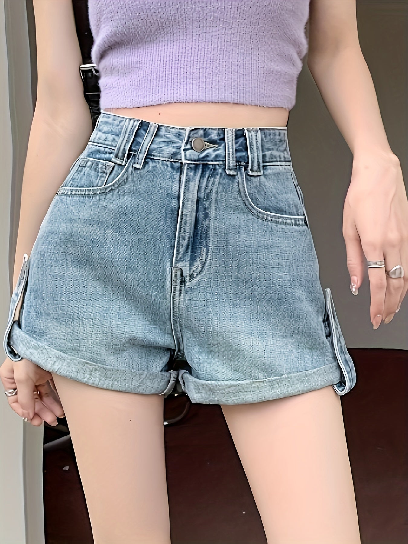 ZllKl  Women's High-Waist Denim Shorts, Casual Slimming Loose Fit With Rolled Hem, Hot Pants Comfit Fit Shorts