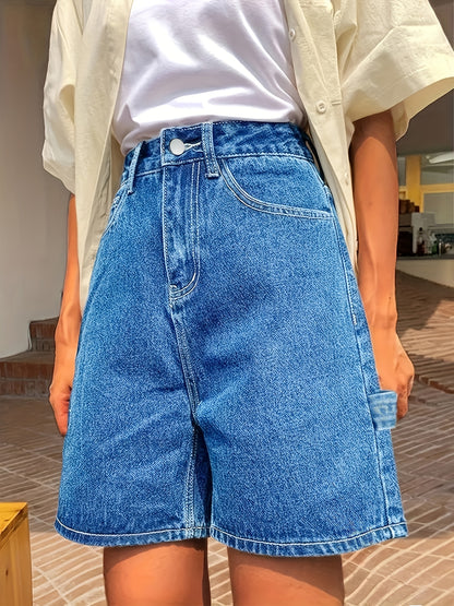 ZllKl  Blue Non-Stretch Denim Shorts, Slash Pockets Straight Legs Casual Short Denim Pants, Women's Denim Jeans & Clothing