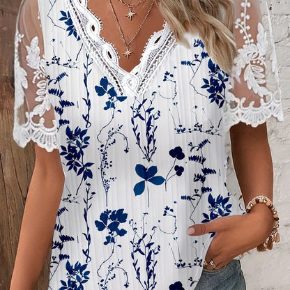 Plus Size Floral Print Blouse - Delicate Lace Stitching, Flattering V-Neck, Comfortable Short Sleeves, Exquisite Elegant Design - Perfect for Spring, Womens Fashion Clothing