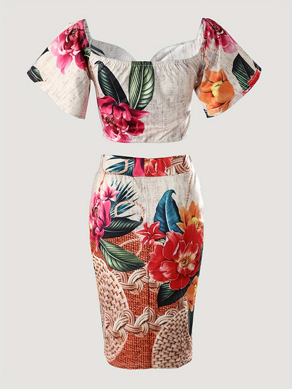 Romantic Boho Floral Two-Piece Outfit Set - Flirty Off-Shoulder Crop Top & Split Skirt - Perfect for Vacation Wear - Womens Summer Fashion