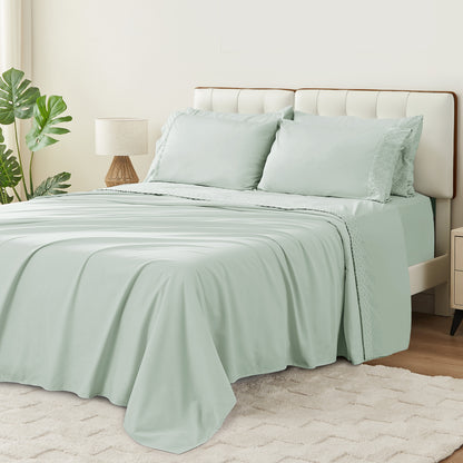 6 Piece Cooling Sheets Queen Set,Extra Deep Pocket White Queen Sheets & 4 Pillowcases,Breathable & Washable Queen Bedding Sheets,Wrap-around Elastic & Wrinkle Free Soft Queen Sheets