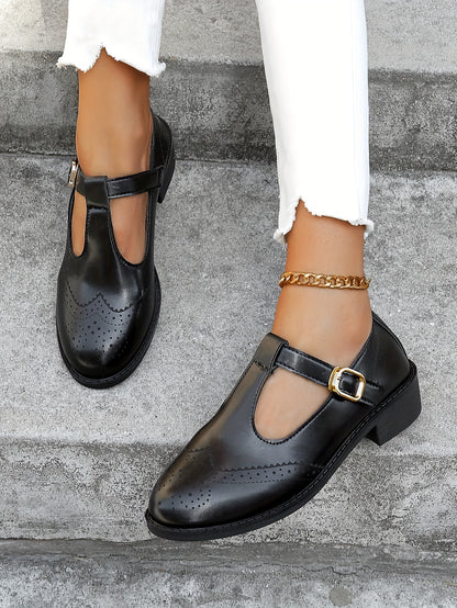 Vintage-Inspired Womens Brogue Oxfords Shoes - Solid Color, Round Toe, Buckle Strap, Chunky Low Heel, Casual, All-Season, Comfortable Walking Shoes