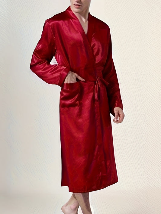Men's Comfy Solid Glossy Robe For Home Pajamas Wear One-piece Lace Up Kimono Night-robe Sets After Bath