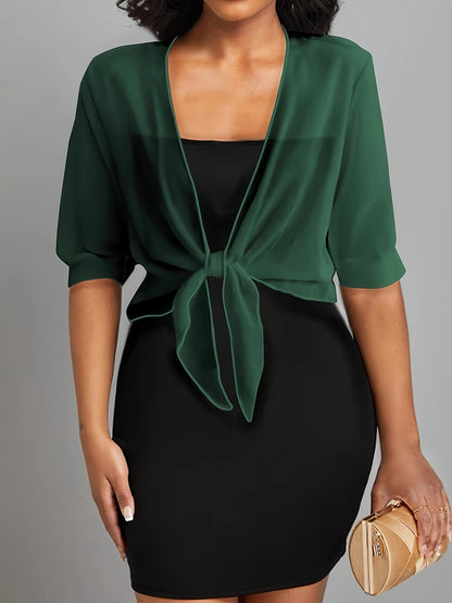 ZllKl Tie Front Semi-Sheer Blouse, Elegant Open Front Shawl Blouse, Women's Clothing