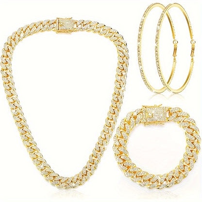 3 piece set Cuban chain necklace bracelet rhinestone earrings sparkling necklace bracelet crystal large round earrings jewelry gift