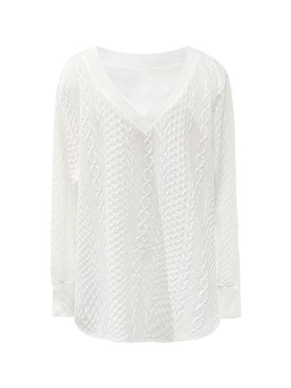ZllKl Plus Size Casual Sweatshirt, Women's Plus Solid Cable Textured Long Sleeve V Neck Slight Stretch Pullover Top