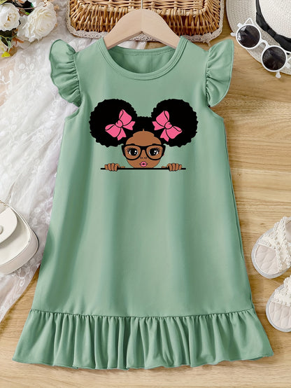 Girls Cartoon Graphic Knitted Ruffle Hem Flying Sleeve Dress - Soft, Slight Stretch, Regular Fit, Alphabets Pattern, Machine Washable, Perfect for Summer Casual Wear