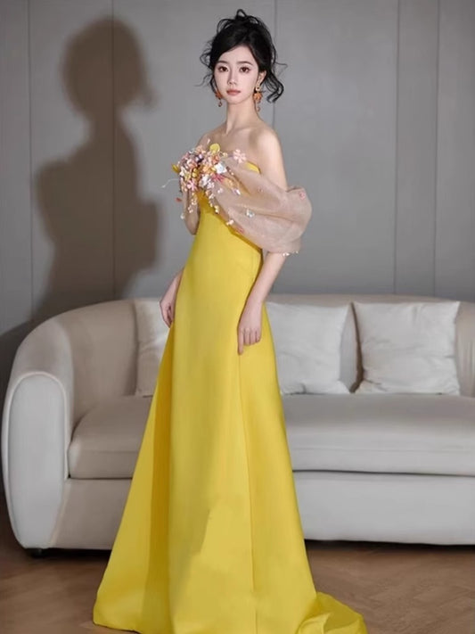 Yellow morning robe female bride morning shot shoulder evening dress student day adult ceremony super fairy temperament host art exam skirt