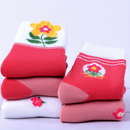 Girls' Knee-High Winter Socks 5-Pack - Cozy Thick Knit Fabric with Floral Patterns, Polyester and Spandex Blend, Hand Wash Only, Warm and Comfortable for Ages 12 and Under