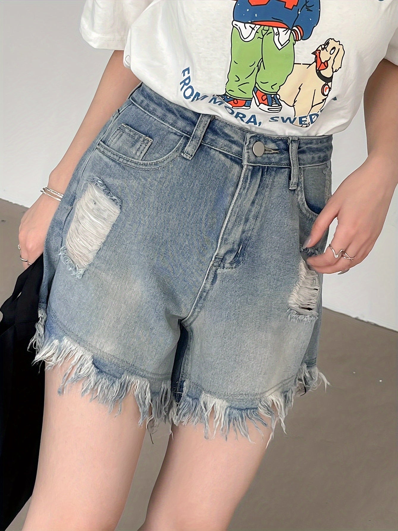 ZllKl  Ripped Raw Hem Denim Shorts, Distressed Washed Blue Denim Shorts, Women's Denim Jeans & Clothing