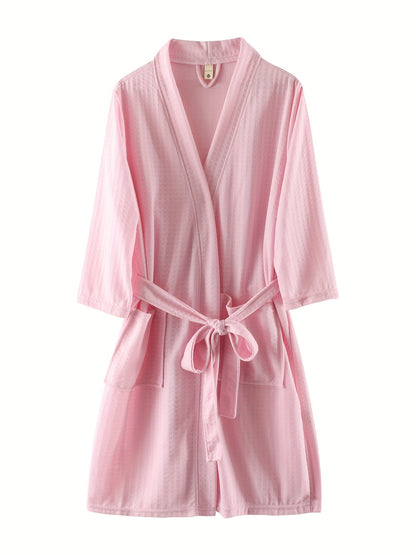 Men's Waffle Bathrobe Japanese Kimono Robe, Vacation Style Comfortable Sleepwear Elegant Style Bathrobe With Belt Spa Home Wears