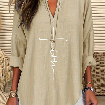 ZllKl Letter Print Notch Neck Blouse, Casual Long Sleeve Blouse For Spring & Fall, Women's Clothing