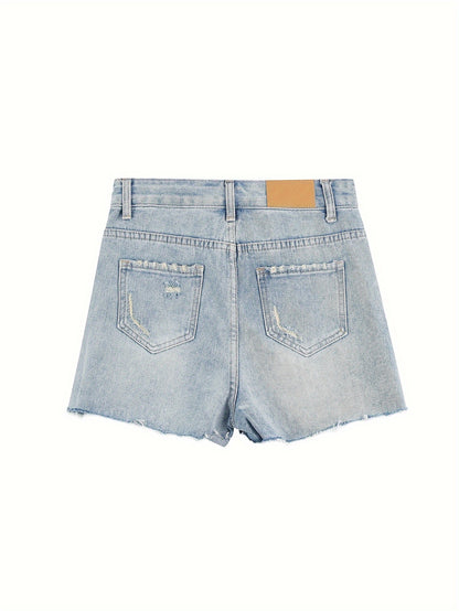 ZllKl  Women's Summer Street Style High-Waisted Denim Skirt Shorts With Single-breasted Raw Hem Button-Up Detail And Distressed Design For Casual Wear
