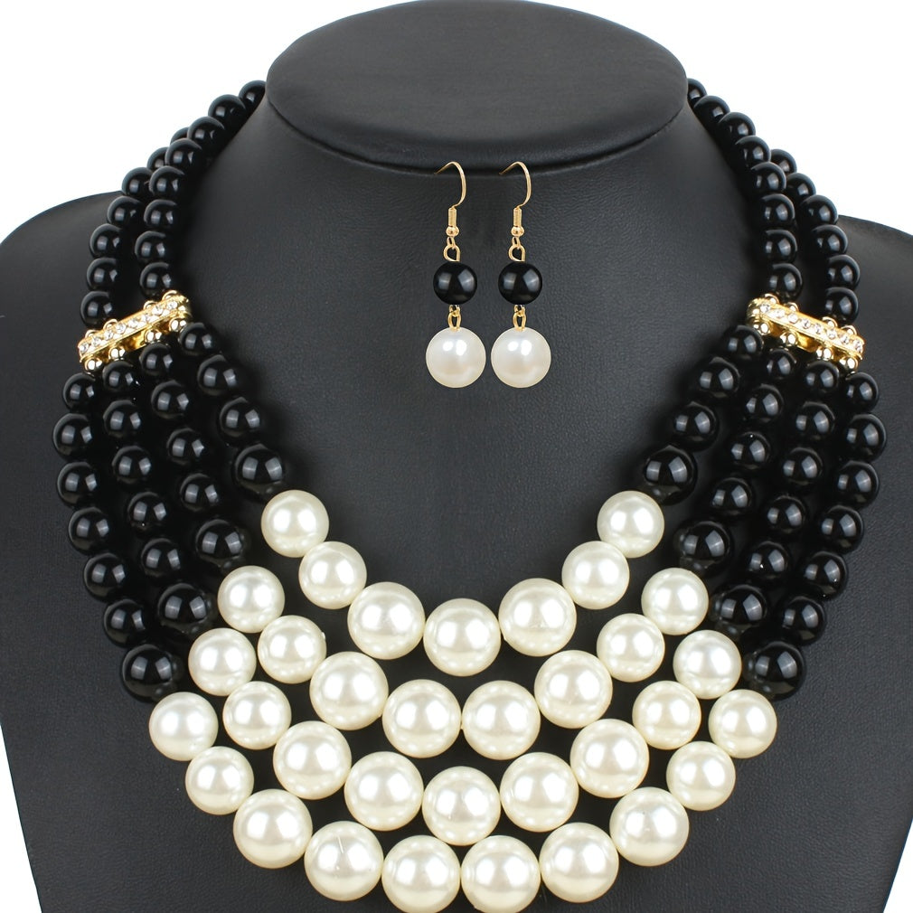 Charm Women Fashion Jewelry Insert Rhinestone Faux Pearl Necklace Bracelet Earrings Set