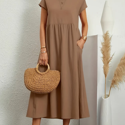 Plus Size Elegant Fit and Flare Crew Neck Dress with Pockets - Soft Medium Stretch Polyester, Solid Color, Short Sleeve, Midi Length, Perfect for Spring and Summer - Womens Casual Comfortable Knit Fabric Clothing