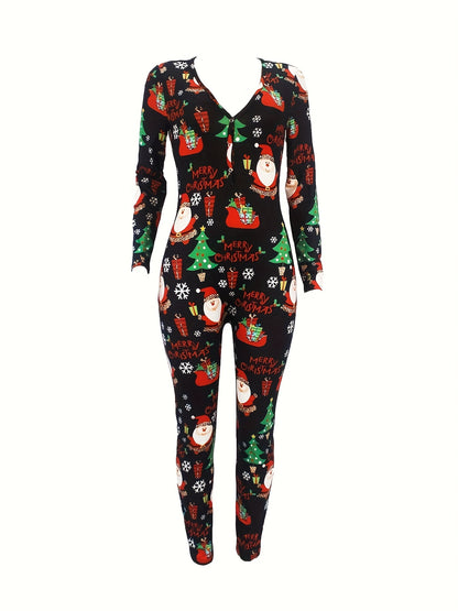 Cozy Festive Lounge Jumpsuit - Soft Long Sleeve, V Neck, Button Front, Relaxed Fit, Comfy Women's Loungewear & Sleepwear for Christmas