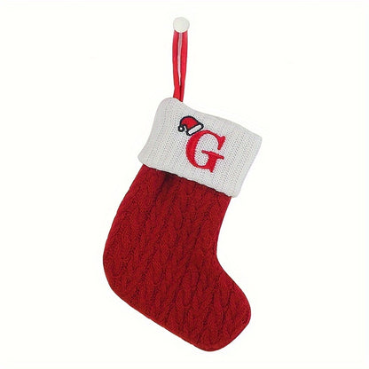 Classic Initial Mini Christmas Stockings, 1pc, Embroidered Alphabet Knit Red and White Themed Socks for Home, Christmas Tree, Mantel Decoration, No Feathers, Polyester - Festive Holiday Decor
