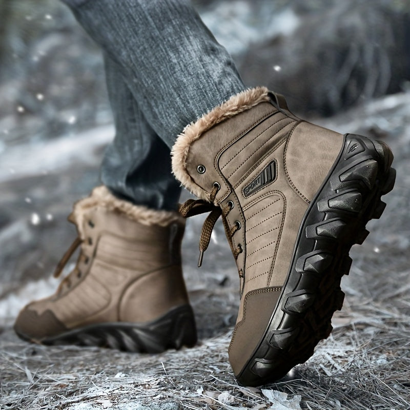 Men's Casual Snow Boots, Anti-skid Windproof High-top Lace-up Boots With Fuzzy Lining For Outdoor Walking Running Hiking, Autumn And Winter