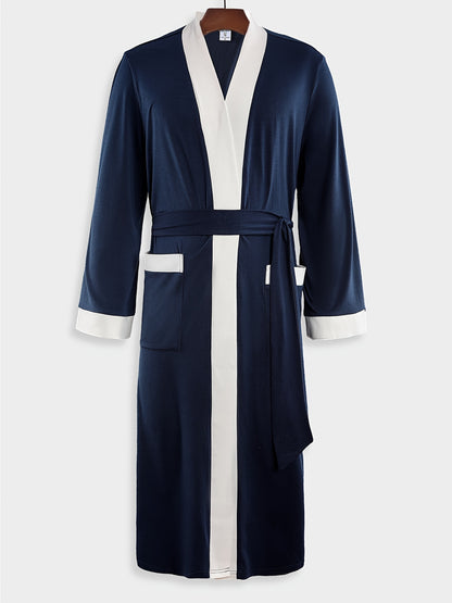 Mens Comfy Color Block Robe - Soft One-Piece Night-Robe with Spacious Pocket and Adjustable Lace-Up Closure - Perfect for Lounging Around the House in Pajamas After Bath or Shower