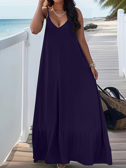 Plus Size Peplum Cami Maxi Dress - V Neck, Backless, Slight Stretch, Polyester, Machine Washable, Solid Color, Vacation Style, Knit Fabric - Perfect for Summer