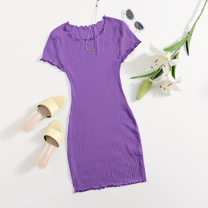 Chic Solid Color Lettuce Hem Dress - Flattering Slim Fit, Versatile Crew Neck, Short Sleeve for Spring & Summer - Womens Casual Fashion