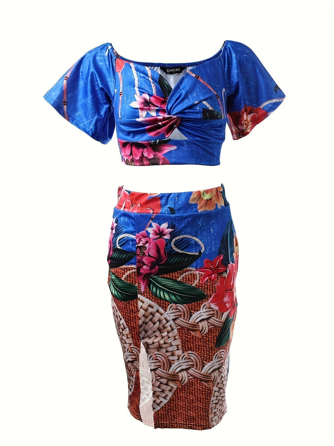 Romantic Boho Floral Two-Piece Outfit Set - Flirty Off-Shoulder Crop Top & Split Skirt - Perfect for Vacation Wear - Womens Summer Fashion