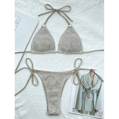 Women Sexy 2 Pieces Suit Knitted Hollow Out Swimsuit Triangle Thong Padded Bikini Halter Lace-up Swimwear Backless Bathing Suits