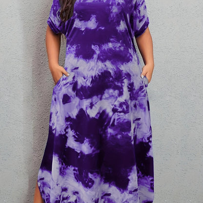 Plus Size V-Neck Tie Dye Print Curved Hem Long Length Dress - Soft Medium Stretch Polyester, Loose Fit, Short Sleeve, Pocket, Pullover, Random Printing - Perfect for Weekend Casual Spring, Summer, and Fall Occasions