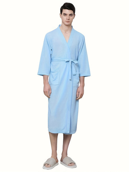 Men's Waffle Bathrobe Japanese Kimono Robe, Vacation Style Comfortable Sleepwear Elegant Style Bathrobe With Belt Spa Home Wears