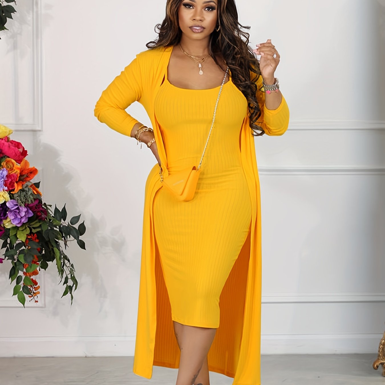 Two-Piece Solid Ribbed Long Sleeve Cardigan and Bodycon Cami Dress Set - Soft Mid-Elasticity Polyester Knit Fabric, Spaghetti Strap, All-Season Casual Wear - Comfortable and Versatile Outfit for Women