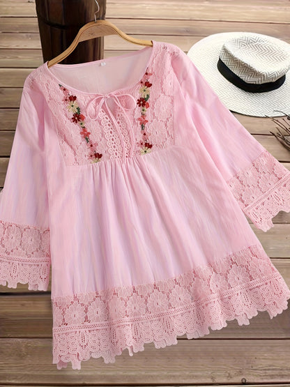 ZllKl Plus Size Elegant Blouse, Women's Plus Floral Appliques Contrast Guipure Lace Short Sleeve Tie Neck Top